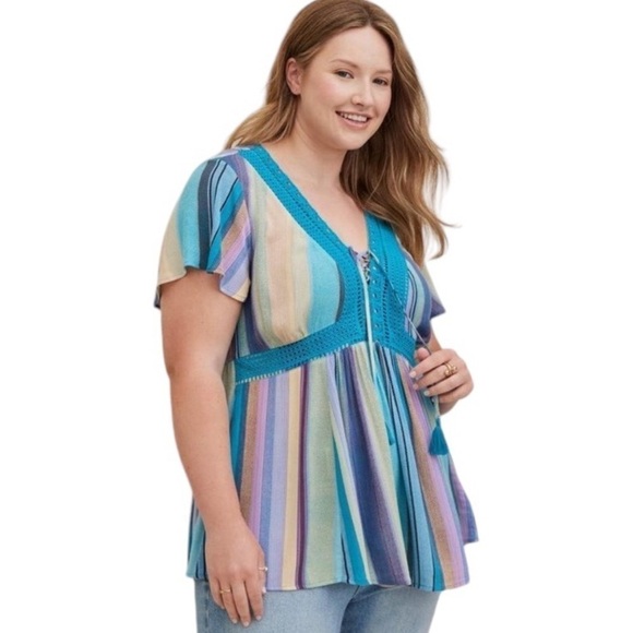 Torrid Babydoll Crinkle Gauze Crochet Inset Lace Up Top - Picture 1 of 8